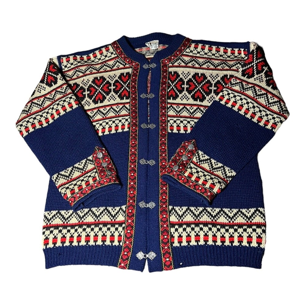 Vintage Gann Sporty Ren Ny Ull Knit Blue Cardigan Sweater Metal Hooks Women’s 50